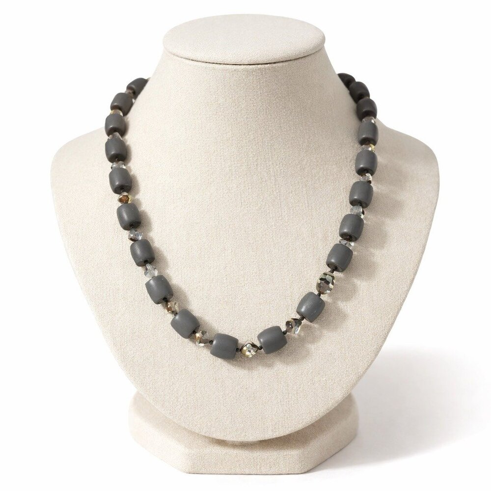 Vintage Gray Glass Bead Necklace With Faceted Crystal Spacers Floral Clasp 10 In